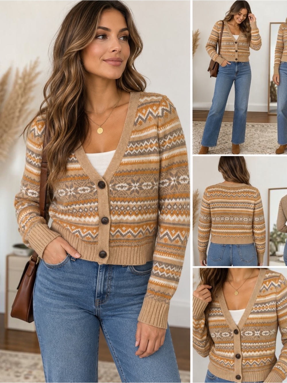 Jessica Simpson Fair Isle Cropped Grandpa Cardigan Sweater Tan Orange L
